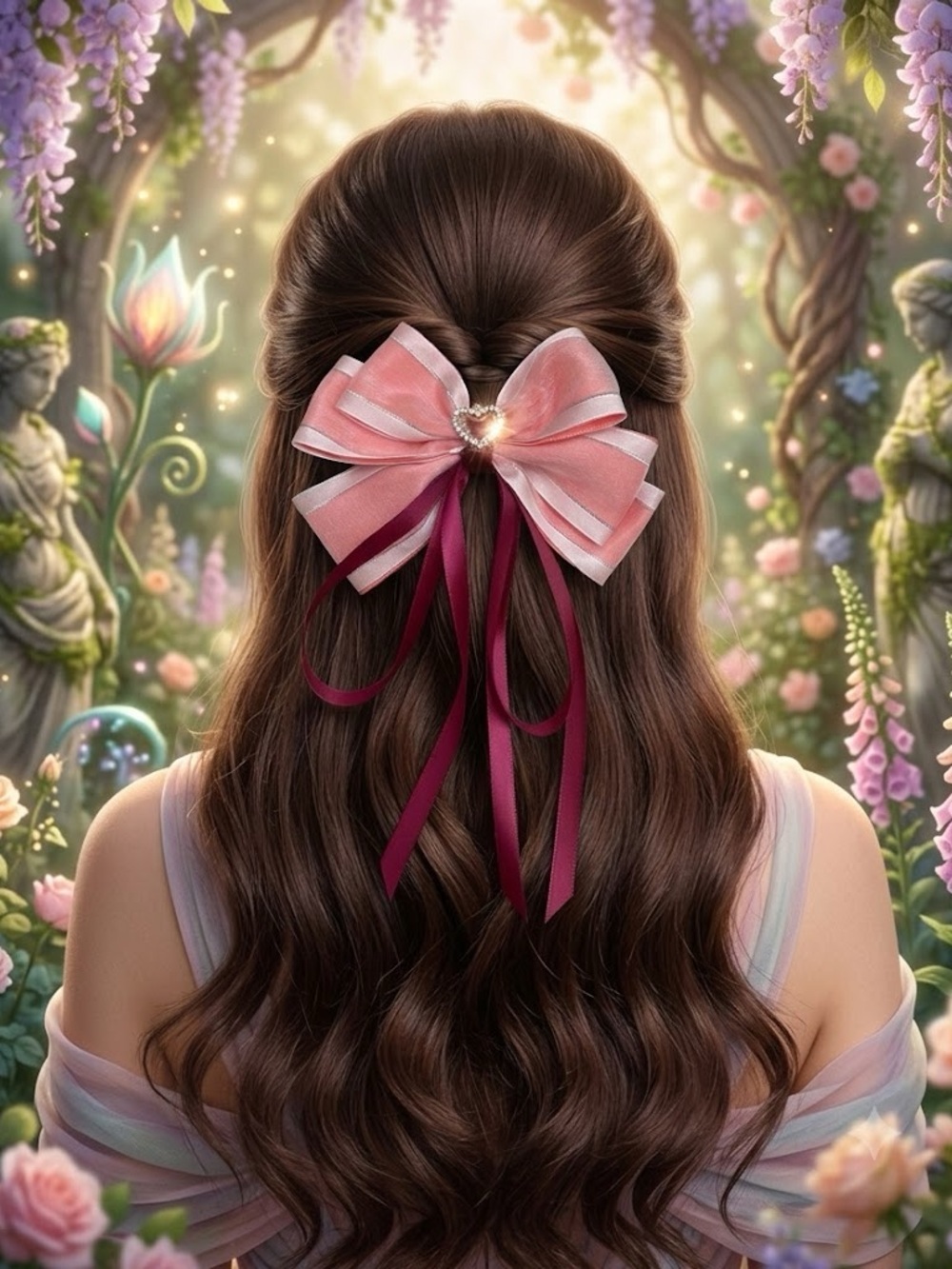 Coral Satin Bow Hair Clip with Burgundy Streamers